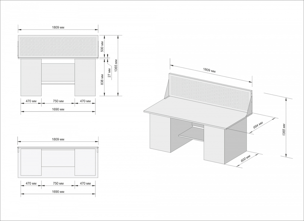 Верстак инструментальный двухтумбовый GWT-V1800BL1 Great Wolf, 4 ящика, тумба с дверью, экран, 1800x700