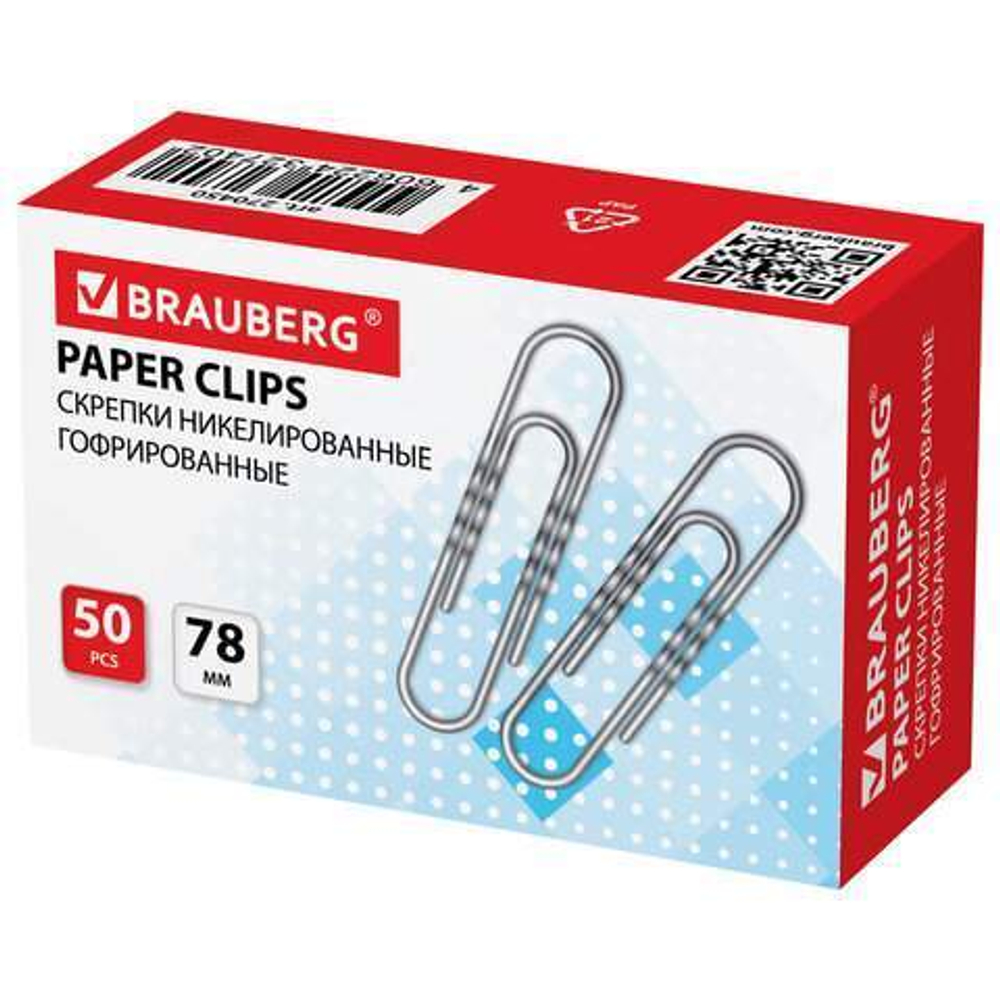 Скрепки большие 78 мм, BRAUBERG, никелированные, гофрированные, 50 шт., в картонной к, 270450