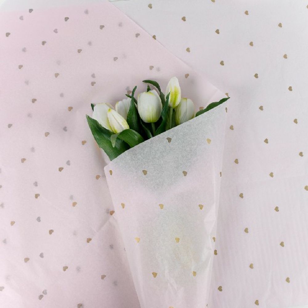 Бумага тишью "Сердечки" 50*70см Розовый с золотыми серцами (20л)