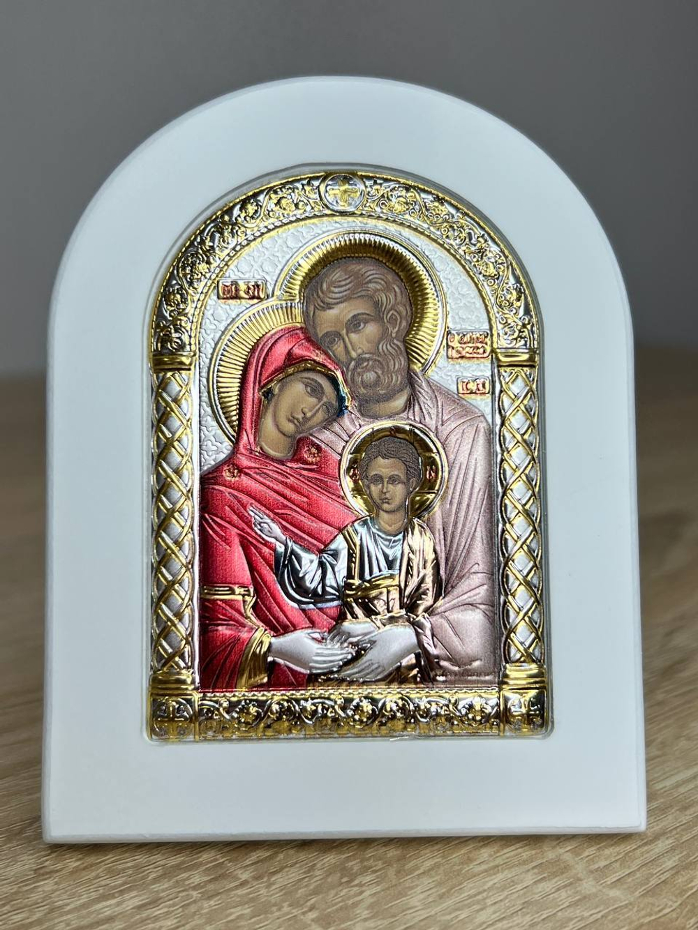 Св. Семейство, икона арочная, белое дерево, эмаль 86х112