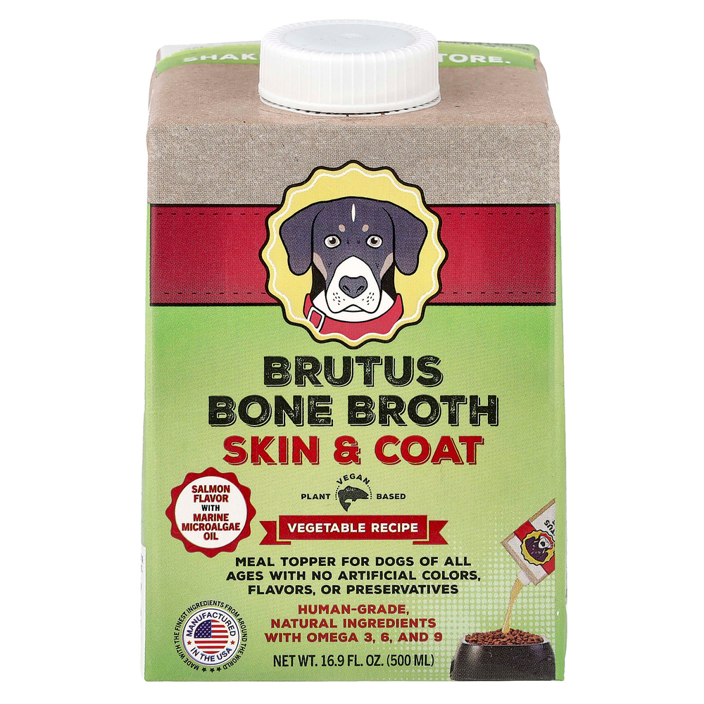 Brutus Bone Broth, Skin &coat, рецепт с овощами, для собак любого возраста, со вкусом лосося, 500 мл (16,9 жидк. унции)