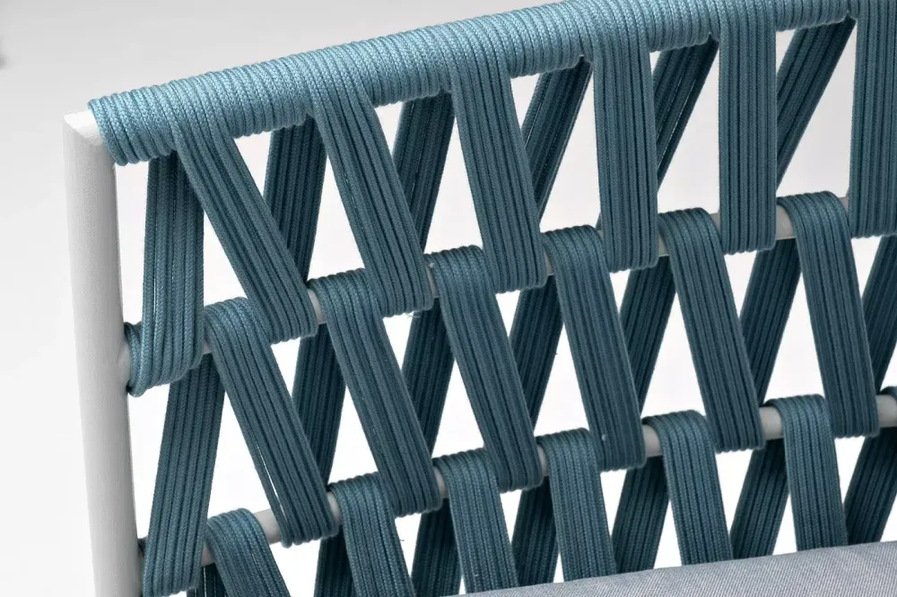 "Диего" диван 2-местный плетеный из роупа, каркас алюминий светло-серый (RAL7035) муар, роуп бирюзовый круглый, ткань светло-серая