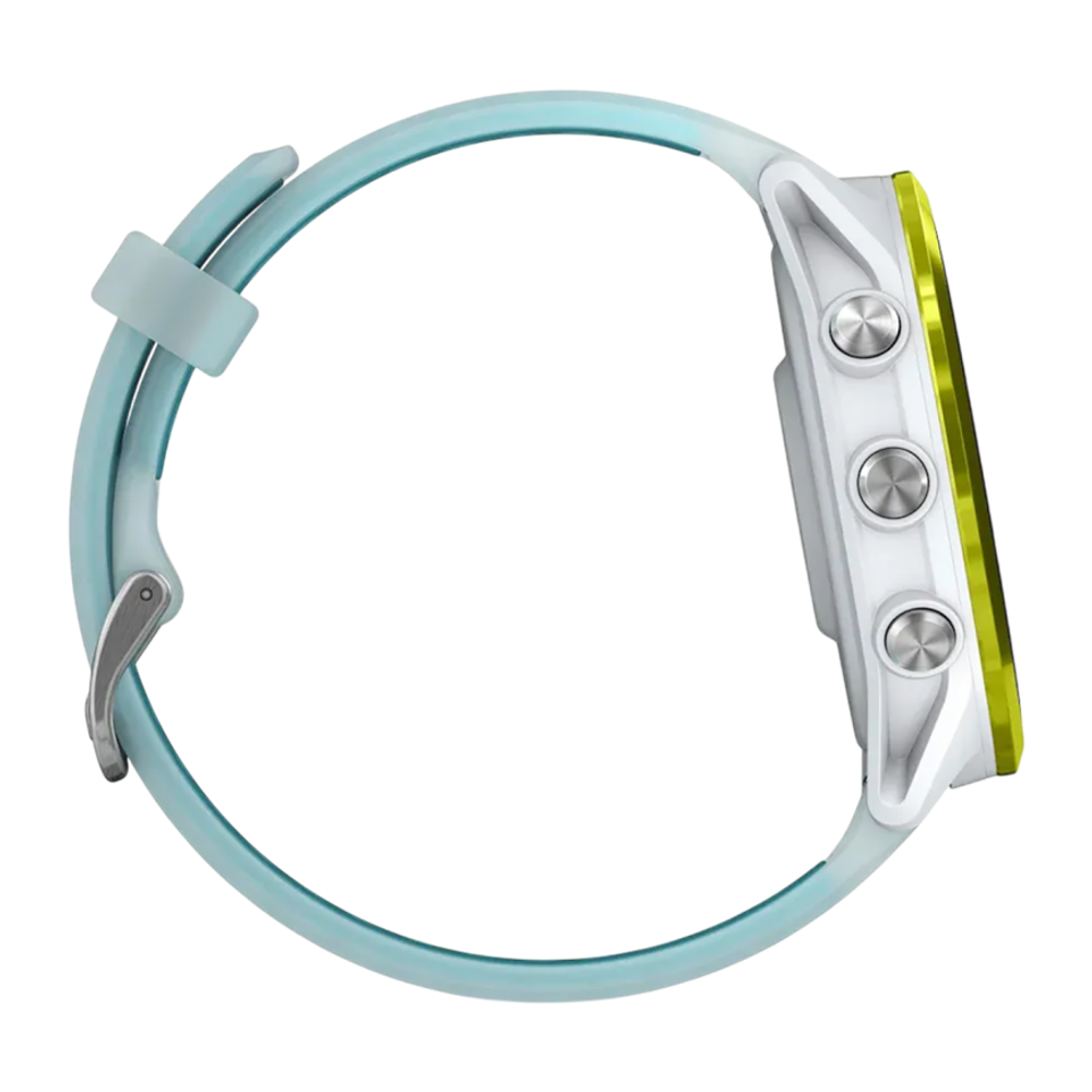 Спортивные часы Garmin Forerunner 570, 47 мм, силиконовый ремешок цвета «полупрозрачный серый»/бирюзовый Ярко-жёлтый алюминиевый безель, AMOLED-дисплей с Gorilla Glass 3. Ремешок с классической застёжкой — на запястье обхватом 135–205 мм