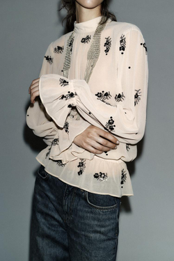 ZARA ПОЛУПРОЗРАЧНАЯ БЛУЗА С ПАЙЕТКАМИ, РАЗНОЦВЕТНЫЙ