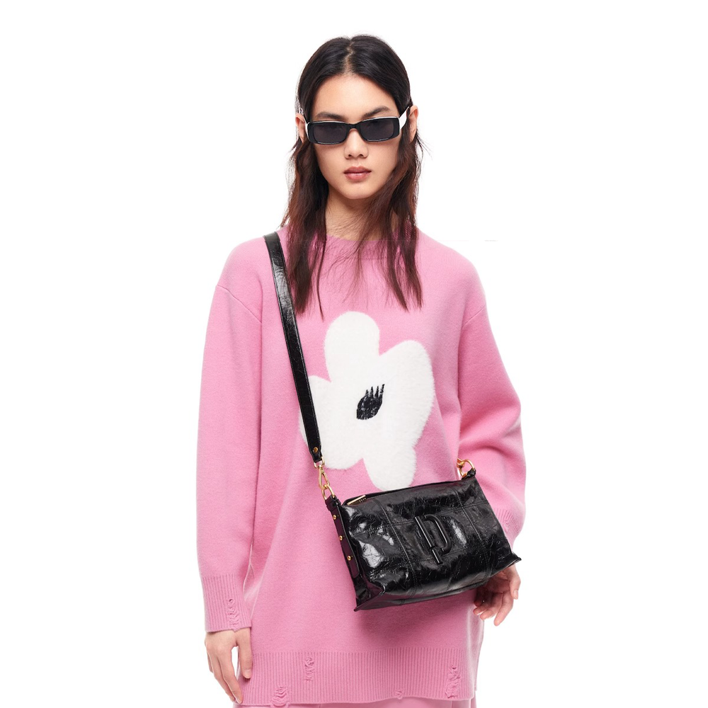 PECO Cow Leather Niche Versatile Bag Shoulder Bag, Crossbody Bag Small Unisex Black/Pink/Silver/Yellow