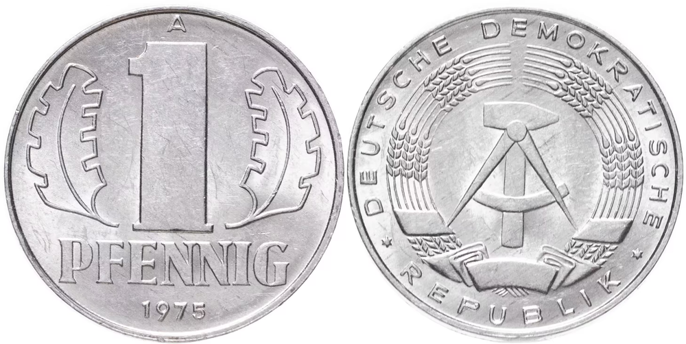 Германия - ГДР 1 пфенниг, 1975 Герб XF