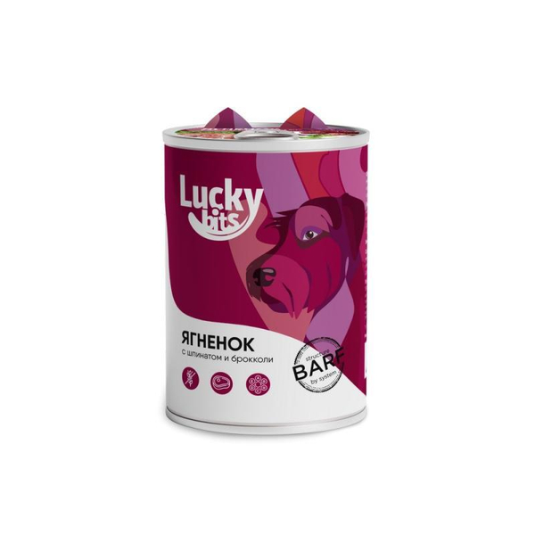 Консервы Lucky bits ягненок,брокколи и шпинат для собак с 6 мес. 400г (Лаки Битс)