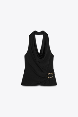 ZARA ДРАПИРОВАННЫЙ ТОП С ПРЯЖКОЙ, ЧЕРНЫЙ