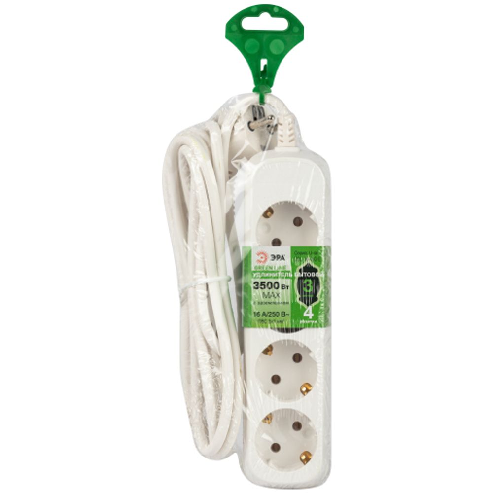 Удлинитель электрический ЭРА UDL-16-430-E Greenline 4 розетки с заземлением 3м ПВС 3x1мм2 | Бытовые удлинители