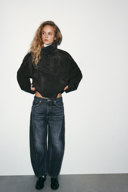 ZARA КУРТКА-БАЙКЕР ИЗ 100% ЗАМШИ С ОБТЯНУТЫМИ ПУГОВИЦАМИ, УГОЛЬНЫЙ