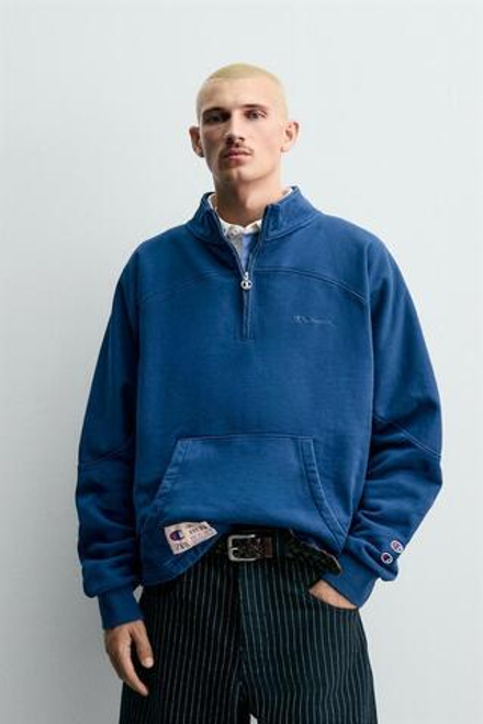 ZARA Х CHAMPION ® ТОЛСТОВКА С ВОРОТНИКОМ НА МОЛНИИ, МОРСКОЙ СИНИЙ