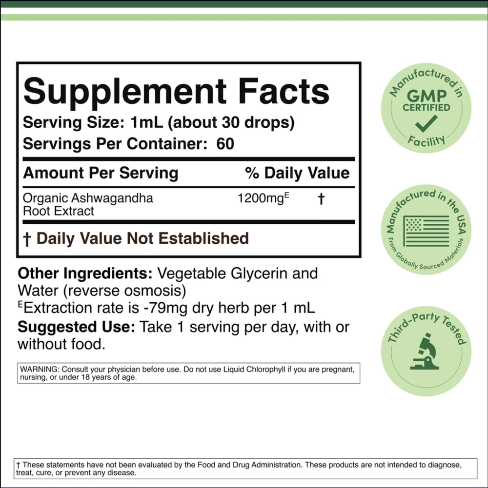 Double Wood Supplements - Ashwagandha Drops - 30 x 1 mL servings