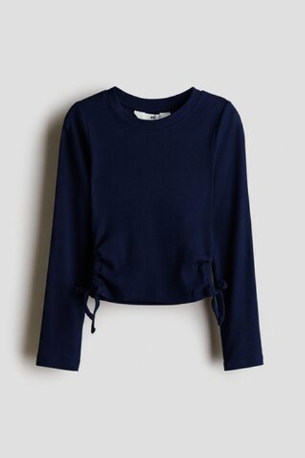 H&M Лонгслив на завязках и в рубчик, темно-синий
