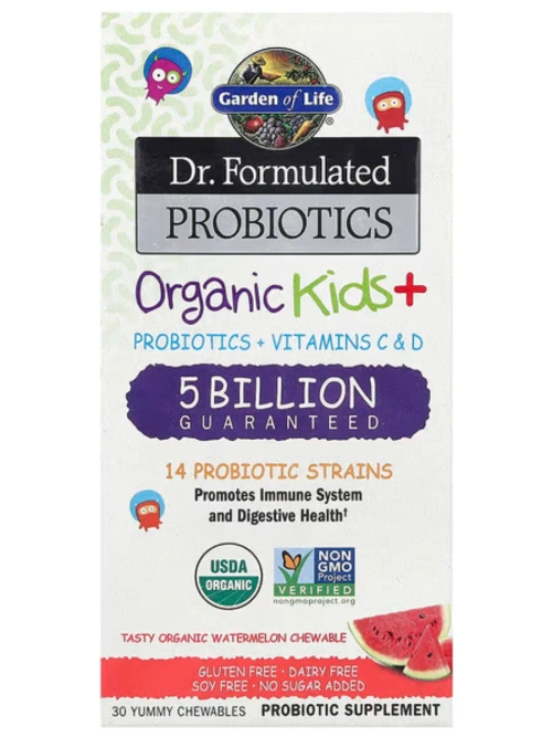 Organic Kids + пробиотики и витамины C и D арбуз 30 жевательных таблеток