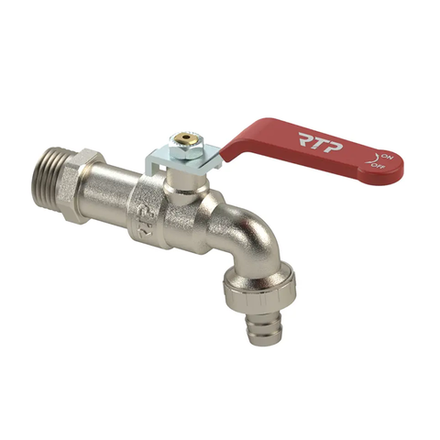 Кран шаровой водоразборный ручка рычаг, латунь, наружная/наружная резьба 1/2"х3/4"-14, индивидуальная упаковка, никель, RTP (34661)