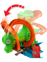 Hot Wheels JBM73 Ти-Рекс Пылающая битва, игровой набор с динозавром и машинками, трасса для трюков, оригинал Mattel