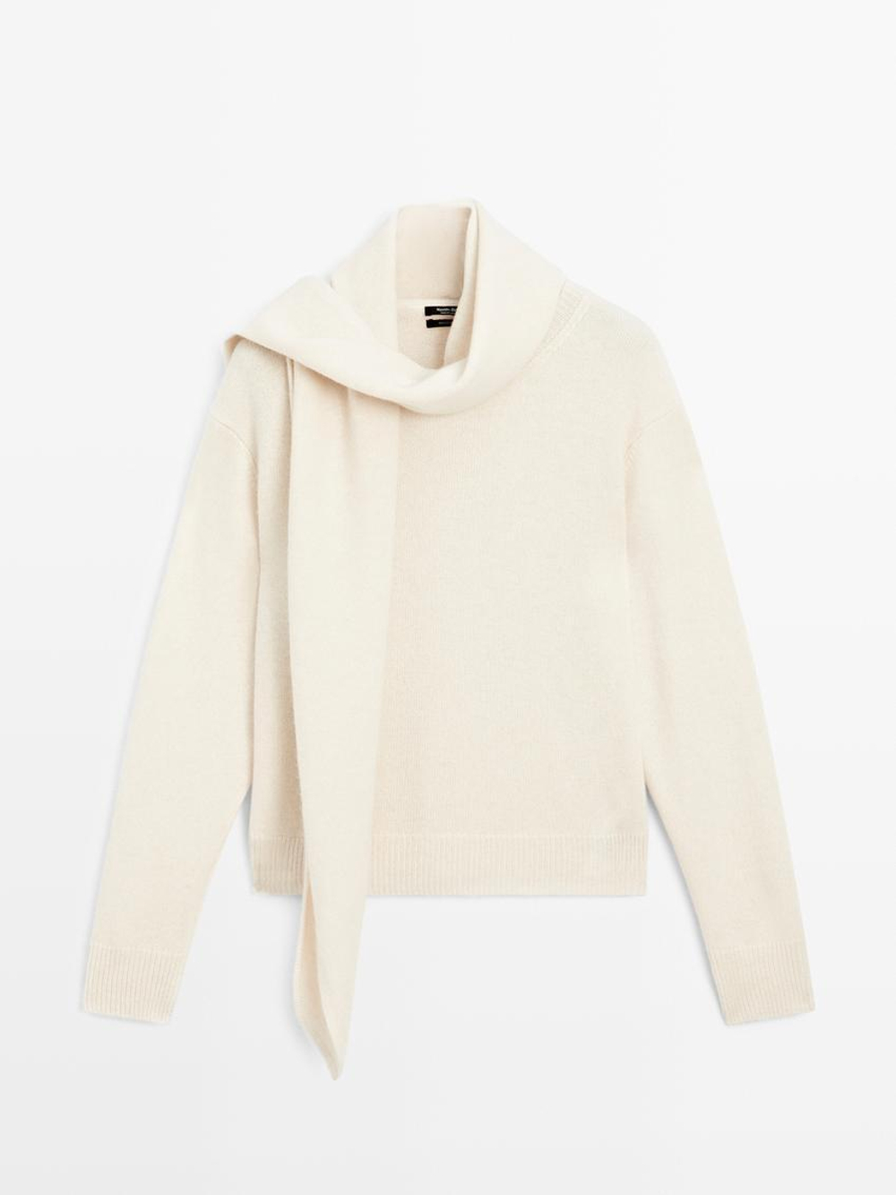 Massimo Dutti Свитер из 100% кашемира с воротником-шарфом, бежевый