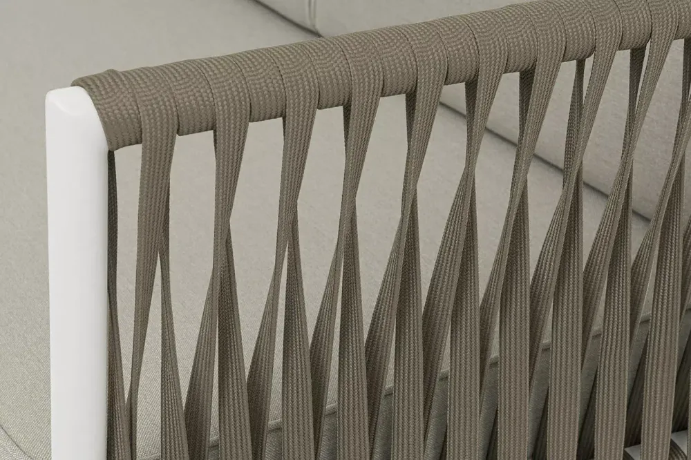 "Касабланка" диван модульный плетеный из роупа, каркас алюминий, роуп серо-коричневый 23мм, ткань бежевая 15052