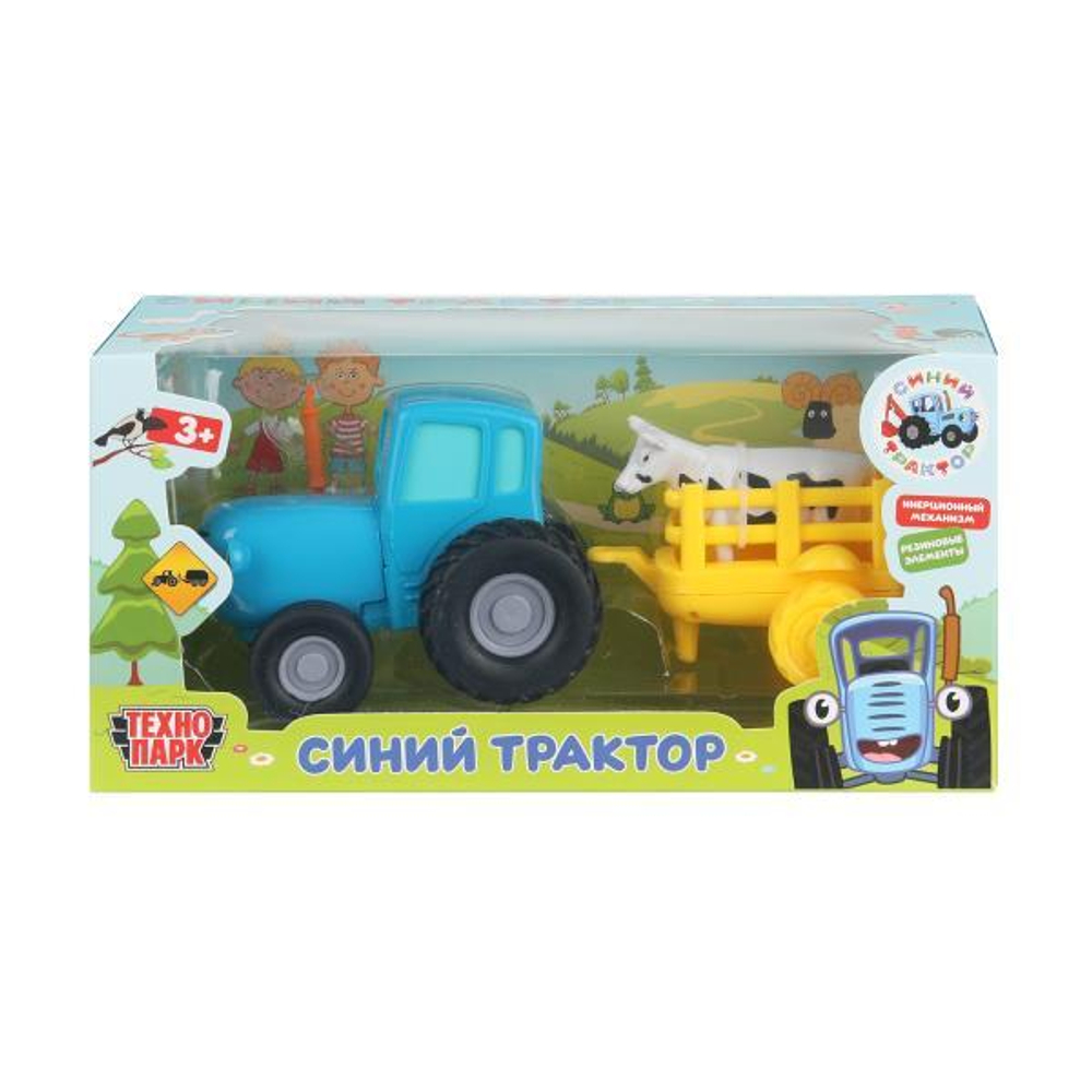 Модель ин. мет. "Синий трактор с телегой и коровой" 11см, синий, коробка BLUTRA-11-CARTCOW-WOD (Технопа