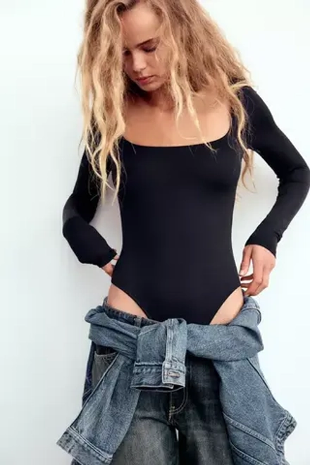 ZARA БОДИ ИЗ ПОЛИАМИДА С КВАДРАТНЫМ ВЫРЕЗОМ, ЧЕРНЫЙ