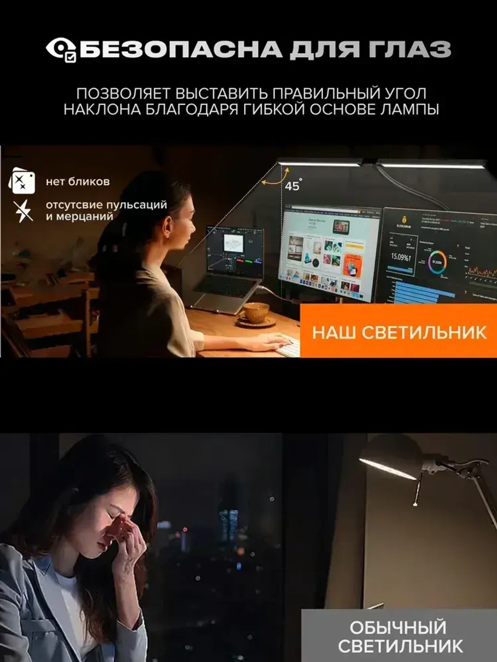 Лампа настольная c регулировкой яркости бестеневая светодиодная на струбцине LED