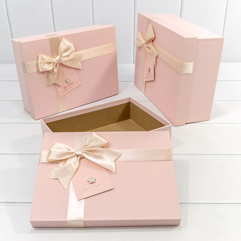 Коробка 29х21х9.5 см Набор 3 шт с бантом и цветочком (Пудровый)