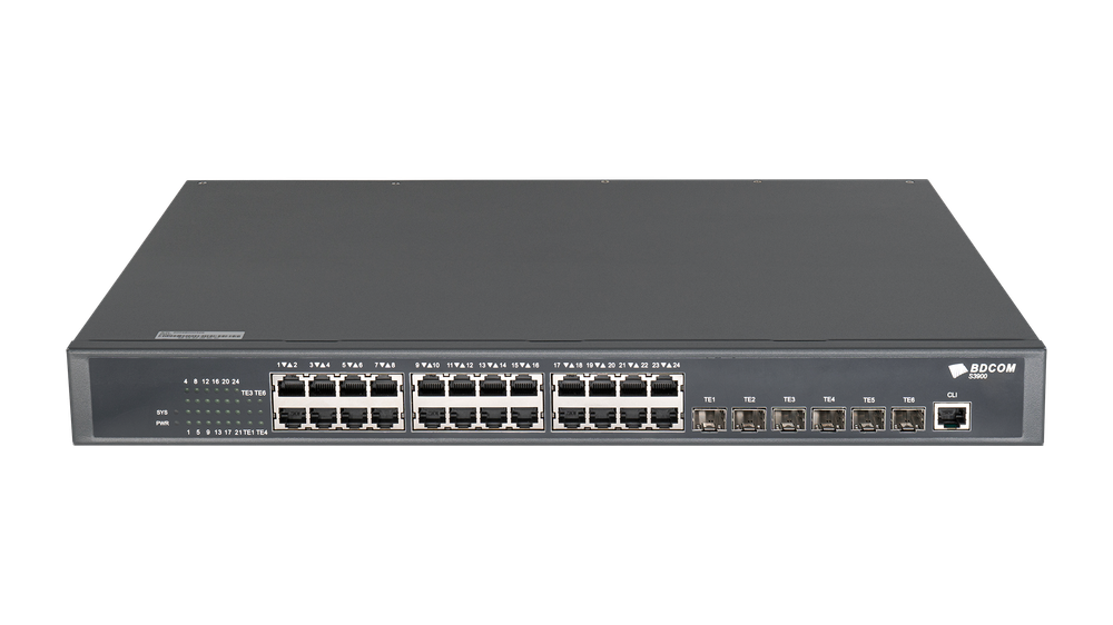 Управляемый коммутатор BDCOM S3900, 24 RJ45 1Гбит/с, 6 SFP+ 10Гбит/с, L3, 2 БП