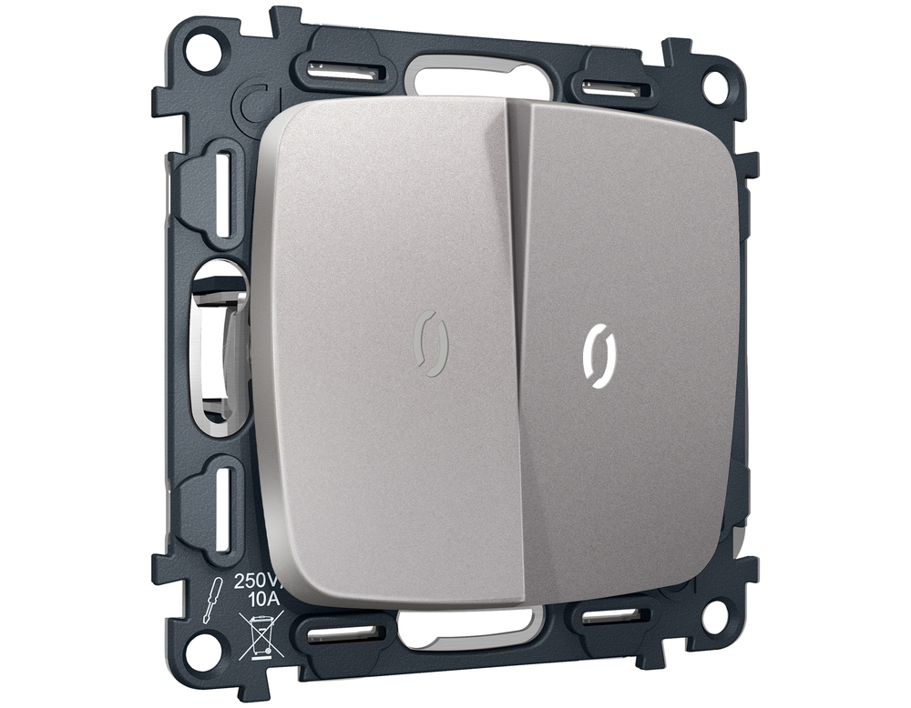 MO504015 Комплект механизма 2-кл выключателя с подсветкой 5600K OMEGA Сталь матовый QUANT (OP5040, VM115, G14W)