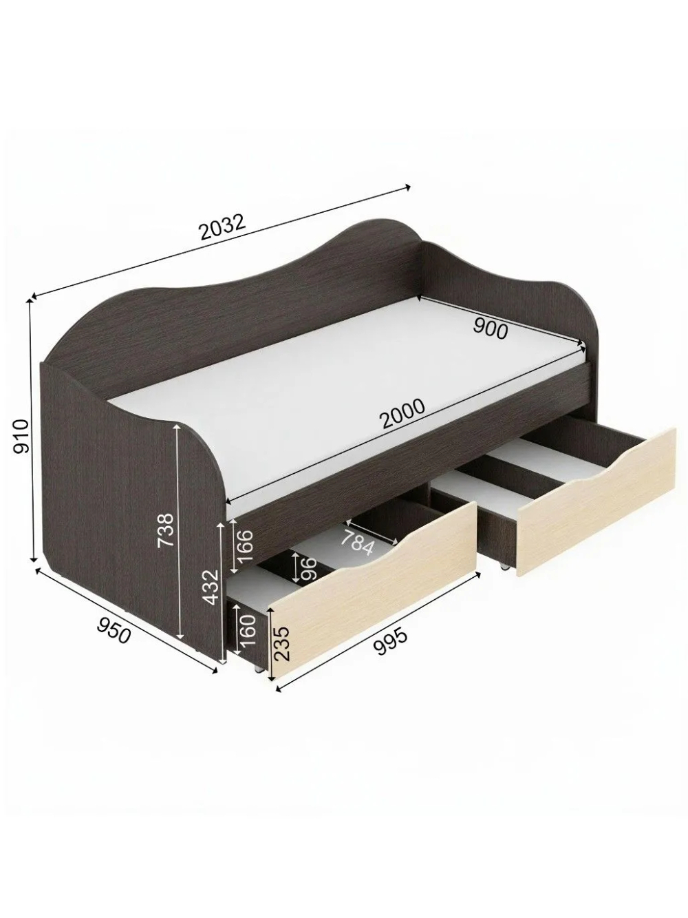 Кровать БОКС 90/2 с ящиками Венге/молоко