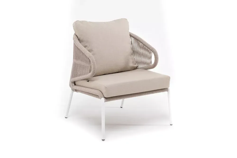 "Милан" кресло плетеное из роупа, каркас алюминий белый муар, роуп бежевый круглый, ткань бежевая 035