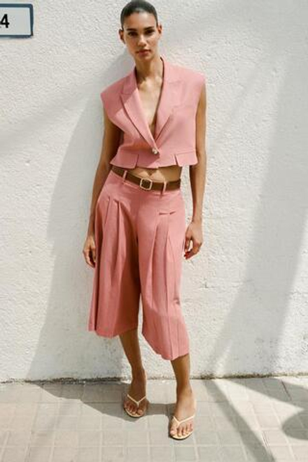 ZARА ДЛИННЫЕ БЕРМУДЫ С ПОЯСОМ ИЗ ЛЬНА, МАРСАЛА