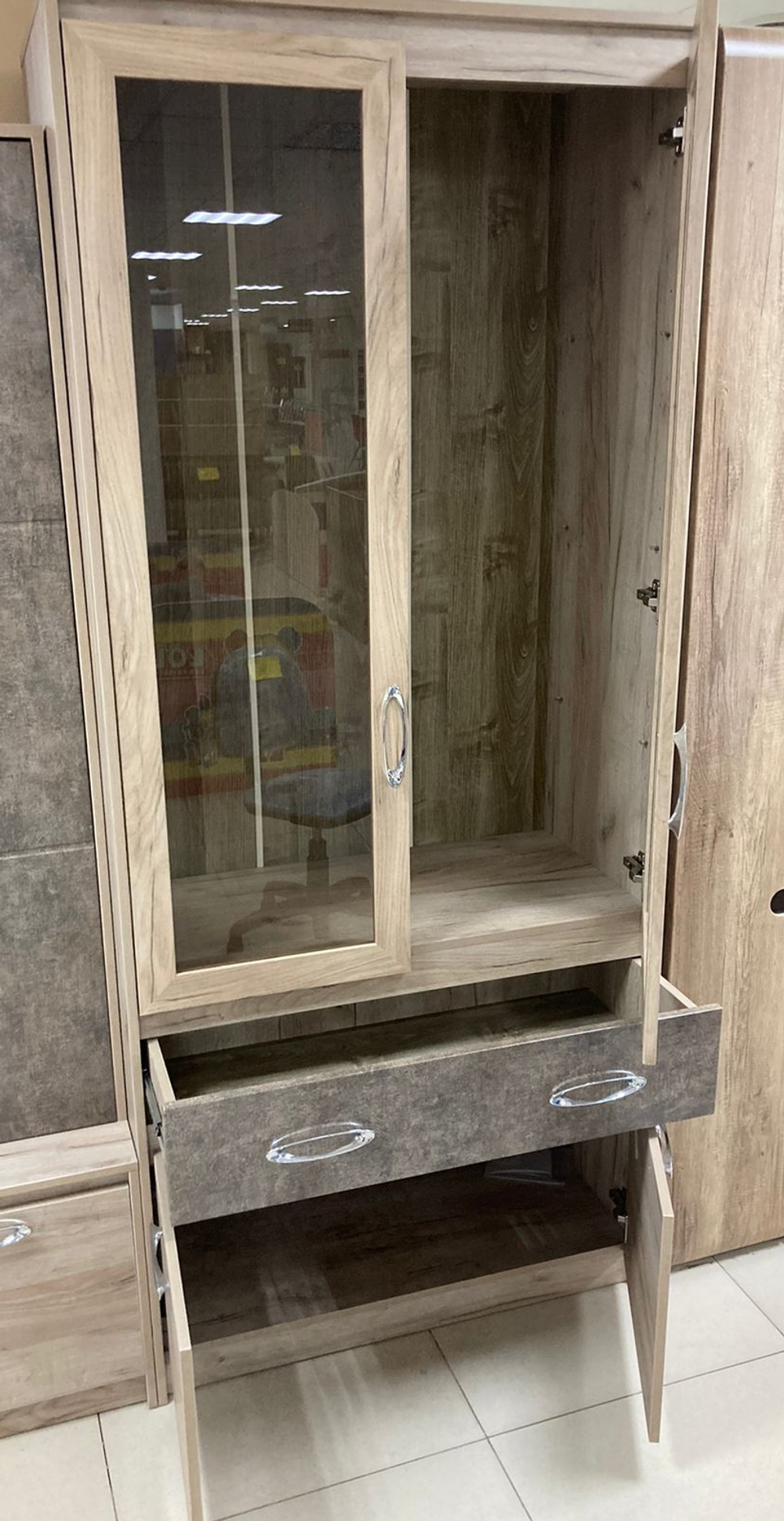 Стеллаж Дакота №2 серый крафт/тиз серый + полки (стекло)