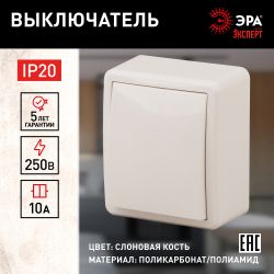 11-1201-02 ЭРА Выключатель, 10АХ-250В, IP20, ОУ, Эра Эксперт, сл.кость