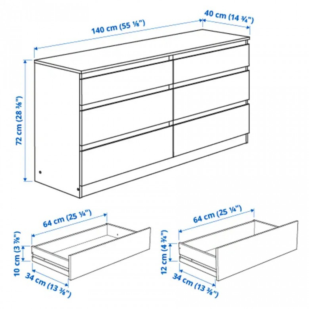 Комод КАЛЕН 6 ящиков 140*40*72, белый, KULLEN