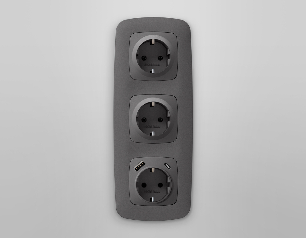 MO660010 Комплект механизма электрической розетки OMEGA Антрацит серый 2USB A+C 20W (быстрая зарядка) с/з QUANT (OP6600, VM160)