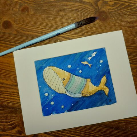 Картина акварельная авторская в паспарту 15х20 см на стену для интерьера "Кит"