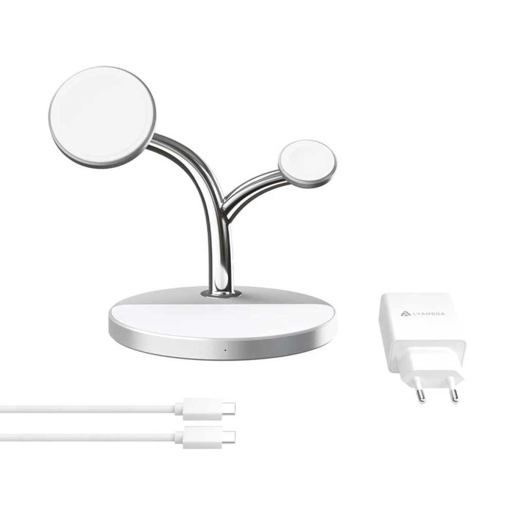 Зарядная станция MagSafe LYAMBDA Premium для iPhone, Apple Watch и AirPods (LWI12) Беспроводная зарядка: Qi 15 Вт, Qi 5 Вт, магнитное крепление для зарядки Apple Watch (Qi 2,5 Вт). Проводная зарядка: нет. Сертификация MFi