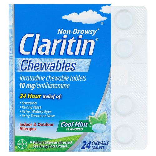 Claritin, Non-Drowsy, лоратадин, жевательные таблетки, со вкусом мяты, 10 мг, 24 жевательные таблетки