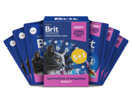 Набор паучей BRIT PREMIUM для взрослых кошек цыпленок индейка в соусе 85г 5+1