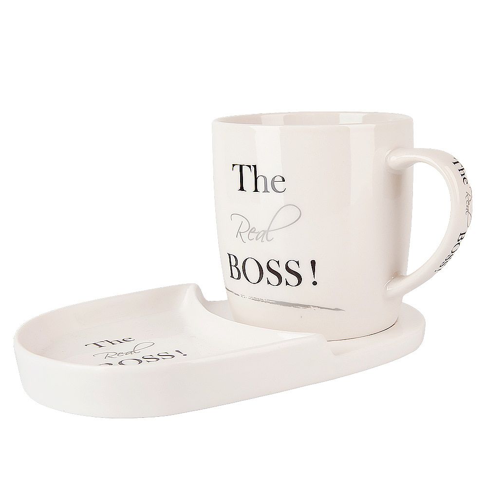 Кружка с блюдцем "THE REAL BOSS" v=380мл (фарфор) (подарочная упаковка)