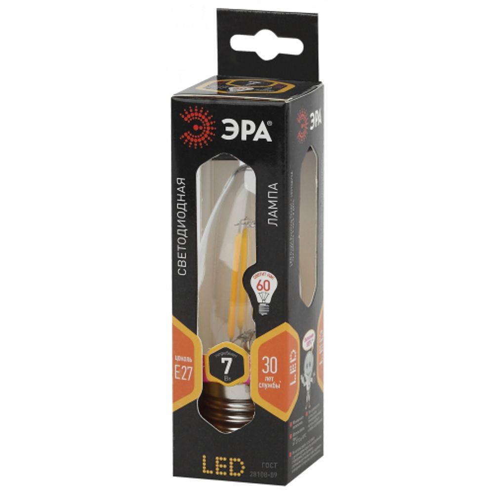 Лампочка светодиодная ЭРА F-LED B35-7W-827-E27 Е27 / Е27 7Вт филамент свеча теплый белый свет