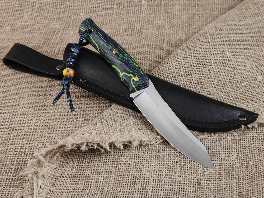 Нож для бушкрафта "Велес", сталь VG-10/Elmax, рукоять микарта (фиолетово-зелёная)