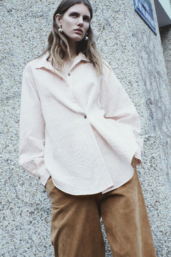 ZARA РУБАШКА ОВЕРСАЙЗ В ПОЛОСКУ, РЫЖЕВАТО-КОРИЧНЕВЫЙ