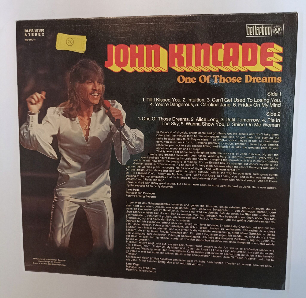 Винтажная виниловая пластинка LP John Kincade One Of Those Dreams (Germany 1974)