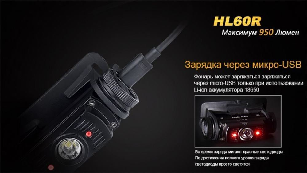 Фонарь светодиодный налобный Fenix HL60R Cree XM-L2 U2, 950 лм, аккумулятор*