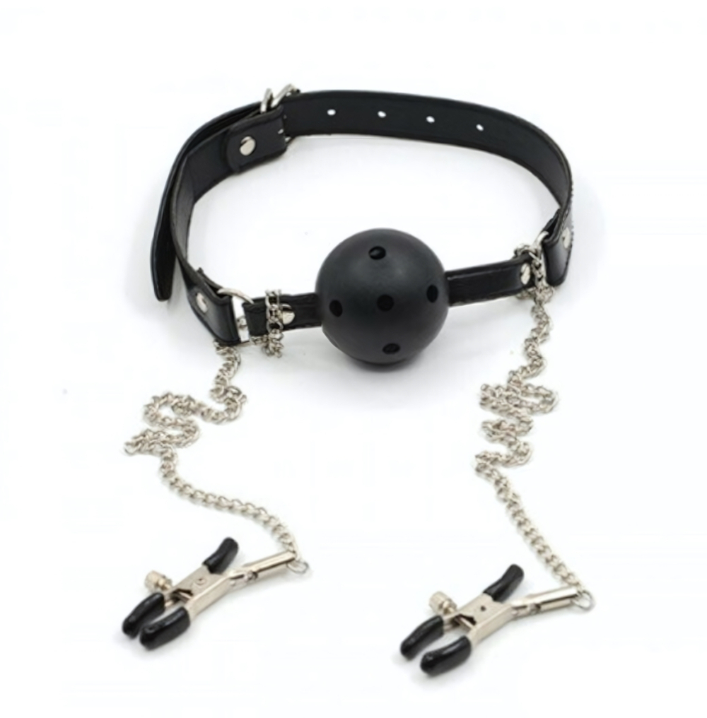 Дышащий кляп с зажимами для сосков на кожаном ремешке с застежкой Onjoy BDSM Breathable Ball Gag (черный) (Цвет: черный)