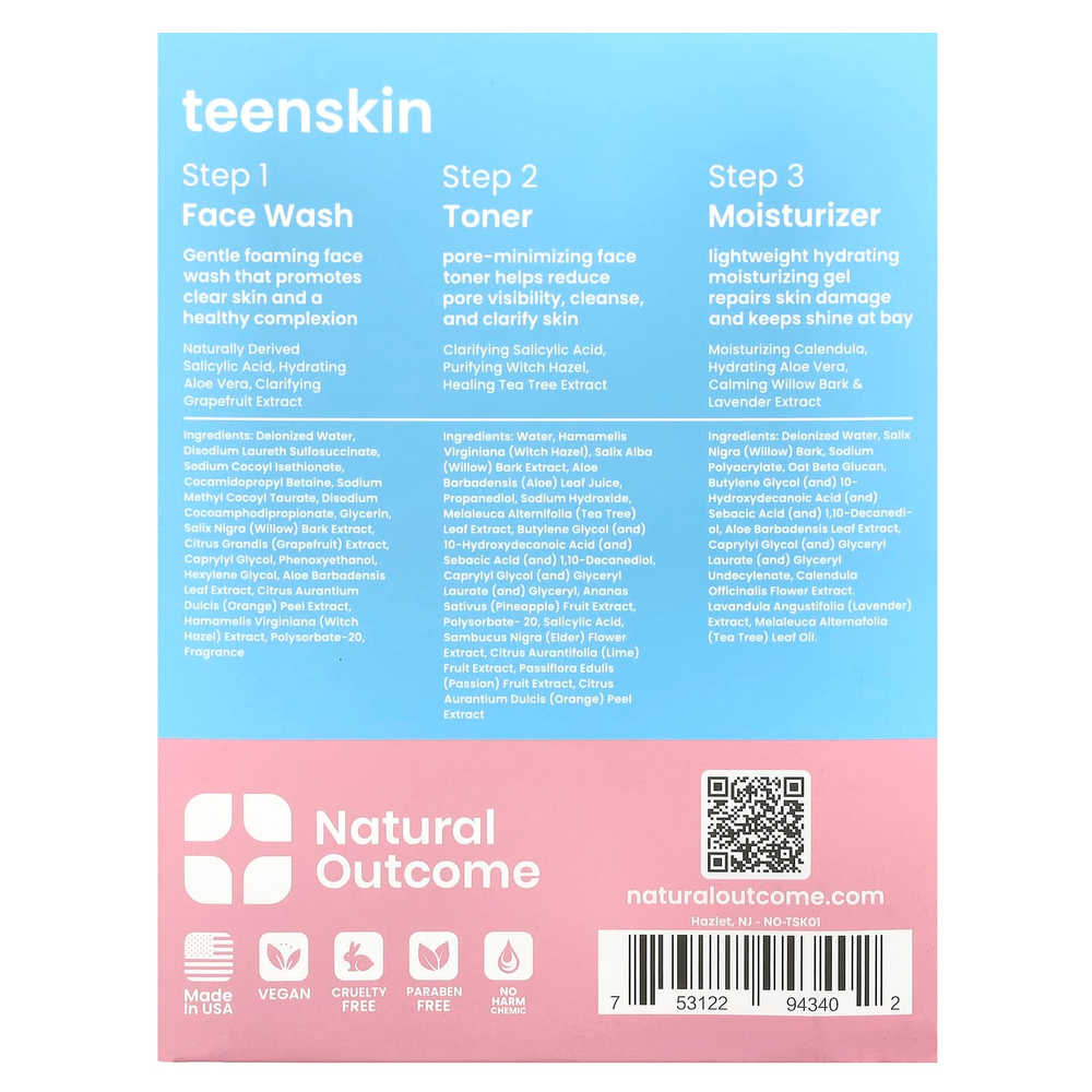 Natural Outcome, Teenskin, набор для повседневного ухода за лицом, набор из 3 предметов