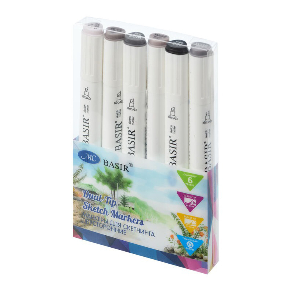 Маркер для скетчинга, двусторонние, Basir, серия "Тёплые серые тона", трёхгранные, 14 мм, спиртовые, 6 шт