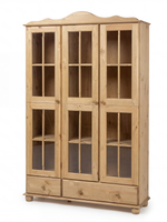 Шкаф витрина, 113х32х186, Бритта, буфет для кухни, трехдверный, бейц, стеклянный, с полками, из массива дерева, Dipriz