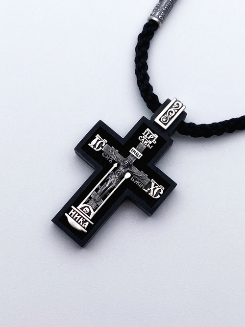 Крест из дерева с серебряным распятием на гайтане/Николай